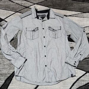 BUCKLE SURPLUS GRAY & BLACK LONG-SLEEVE BUTTON-DOWN SHIRT MEDIUM